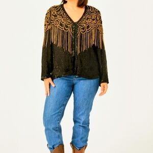 Chic Cowgirl Western Beaded Fringe 100% Pure Silk V-Neck Evening Jacket XL Rodeo